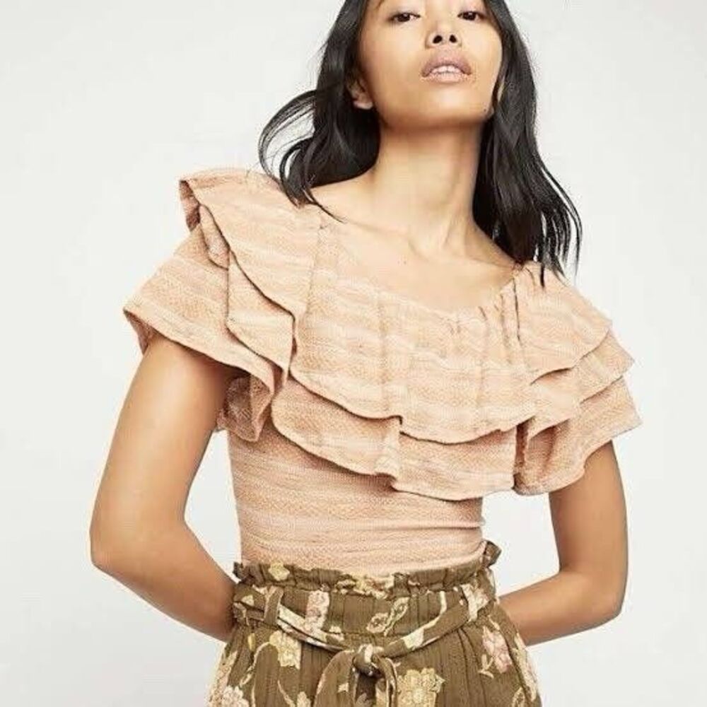 Free People Large Heirloom Ruffle Top Brown Striped Boho Western